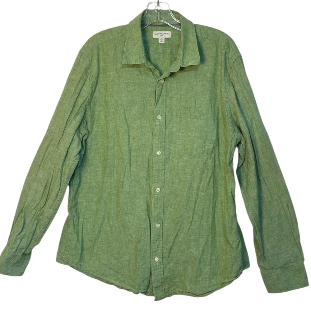 Banana Republic Button Up Shirt Linen Blend Long Sleeve‎ Resort Casual Green XL
